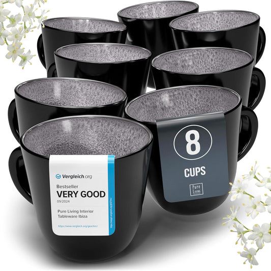 Stoneware Coffee Mugs Set of 8 - Modern Dark Gray Ceramic Cups