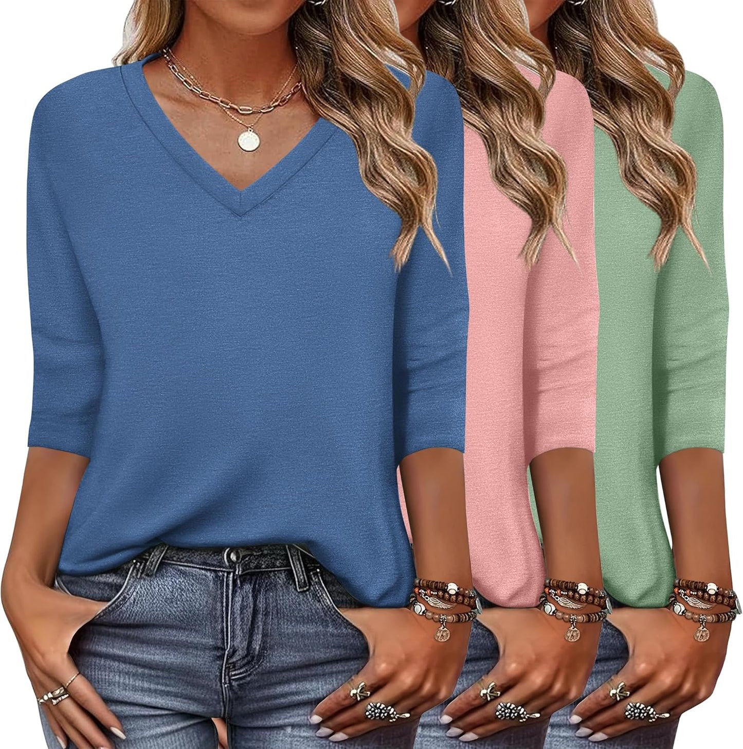 Stylish 3/4 Sleeve V Neck T Shirts for Women - 3 Pack Basics
