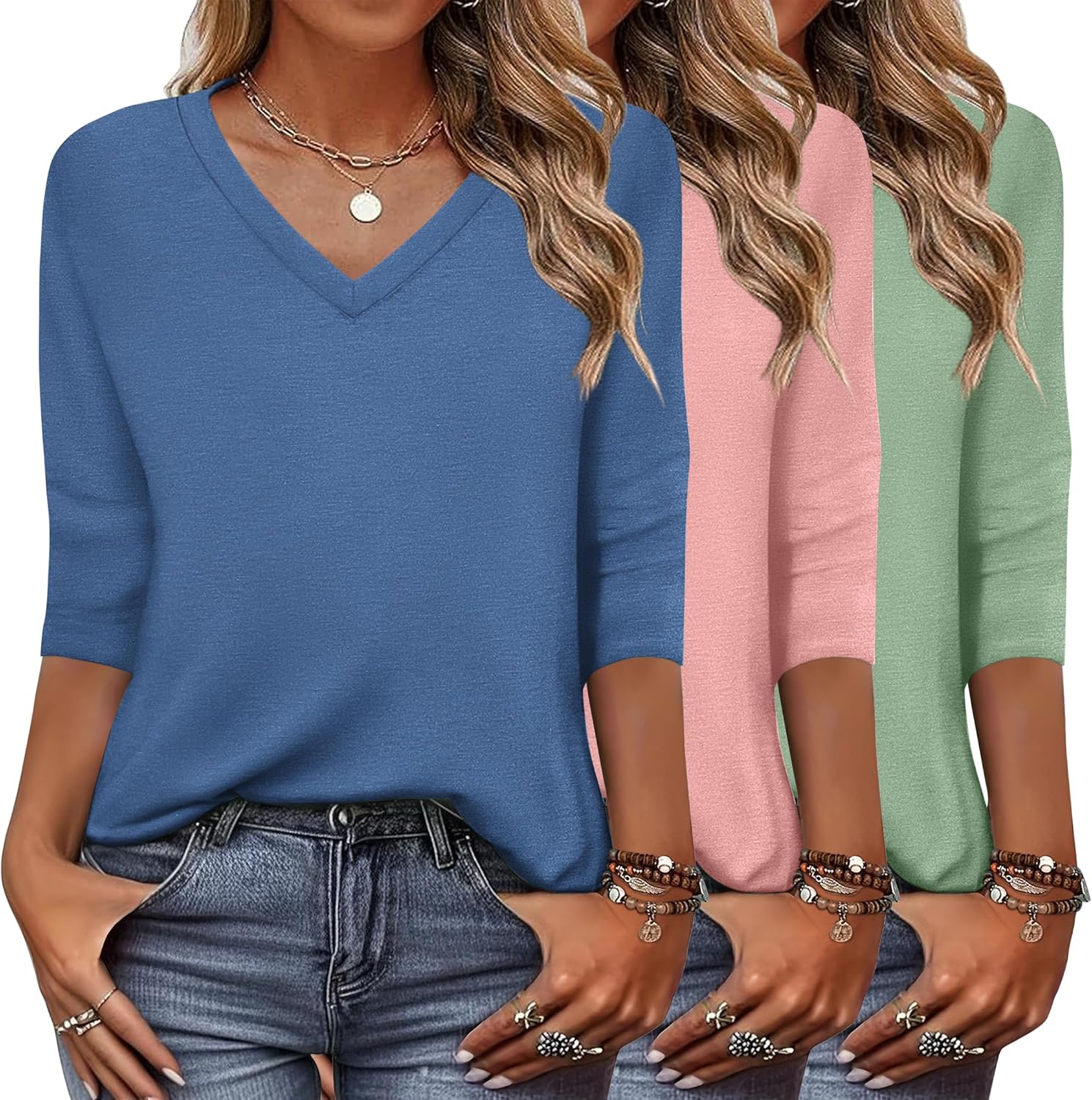 Stylish 3/4 Sleeve V Neck T Shirts for Women - 3 Pack Basics