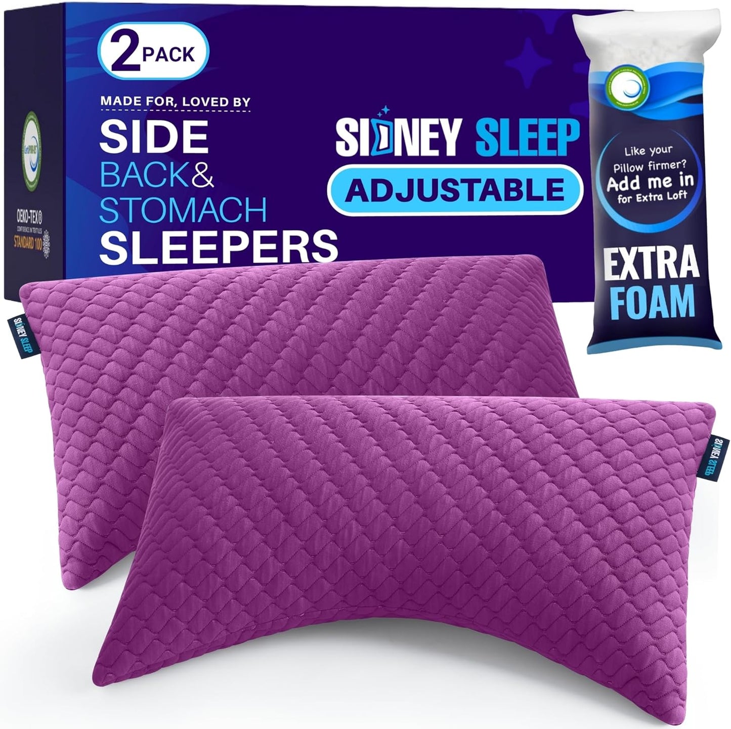 Sidney Sleep Set of 2 Adjustable Queen Size Memory Foam Pillows