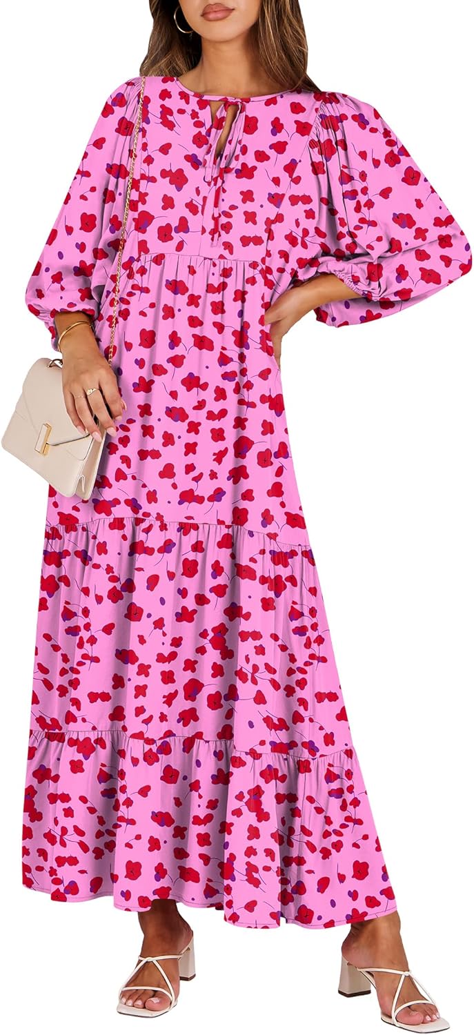 Boho Maxi Dresses for Women - Floral V Neck Puff Sleeve Style