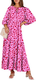 Womens Boho Maxi V Neck Puff Sleeve Dress - Flowy Summer Swing