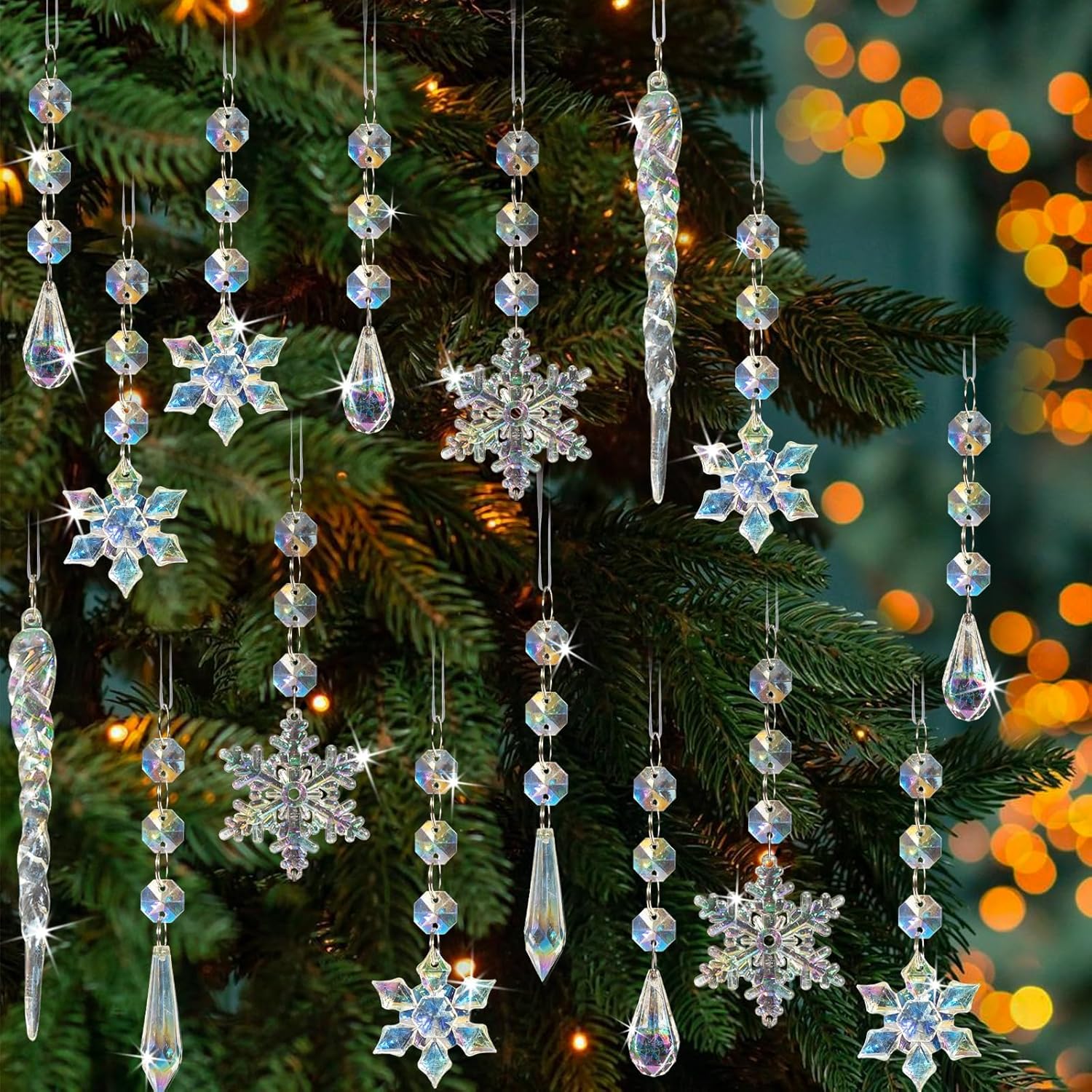 80pcs Iridescent Christmas Crystal Snowflake Ornaments Set