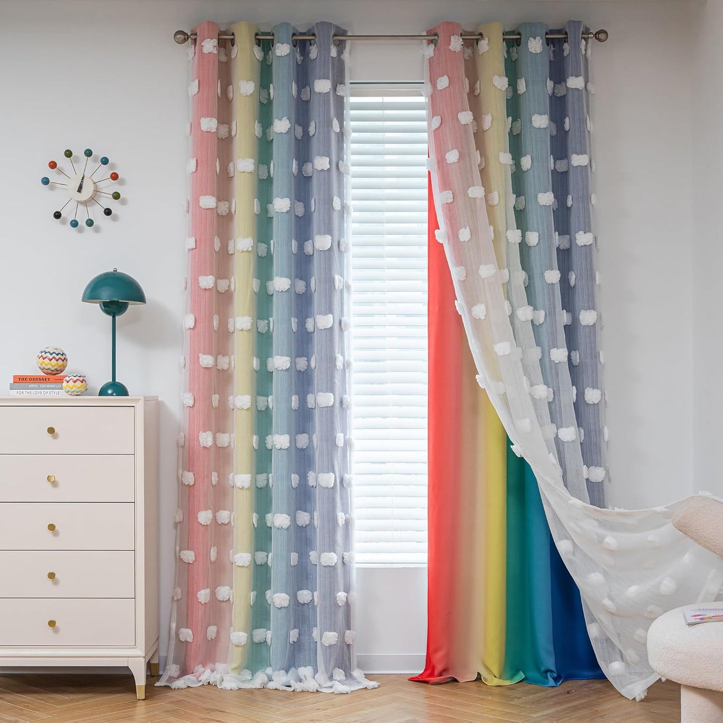 MYSKY HOME Rainbow Curtains for Boys Bedroom with Pom Poms