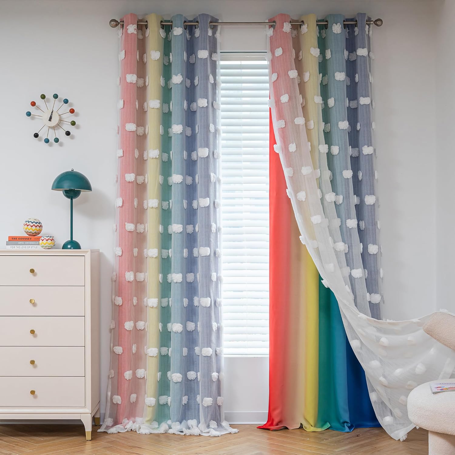 MYSKY HOME Rainbow Curtains for Boys Bedroom with Pom Poms