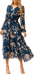 Women's Floral Boho Long Sleeve Maxi Dress V Neck - Flowy Fit
