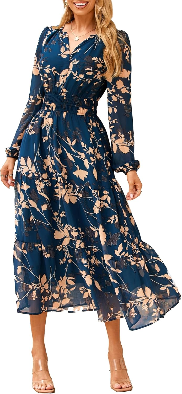 Simplee Women's Floral Boho Long Sleeve Maxi Dress for Weddings