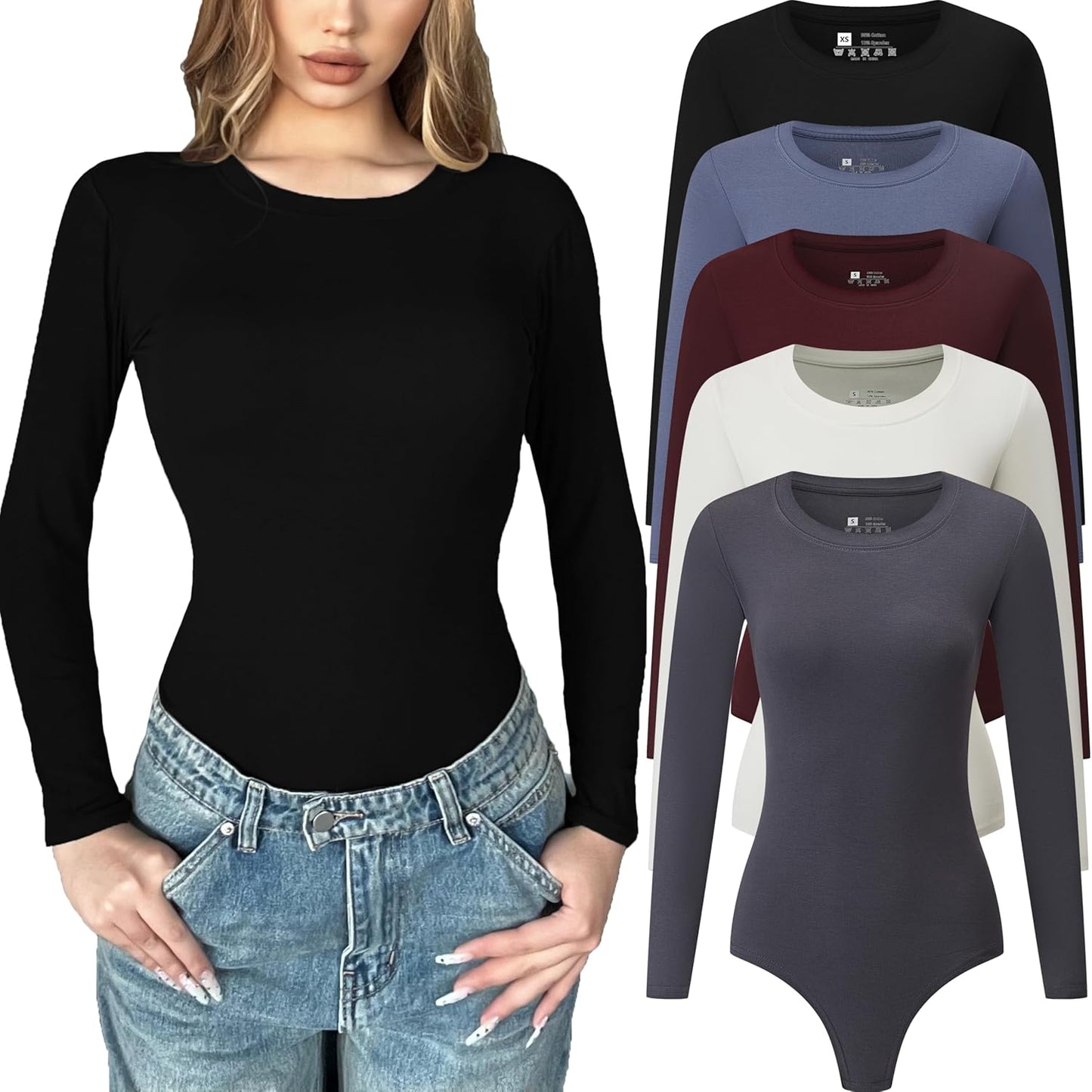 5 Pack Long Sleeve Bodysuit for Women - Casual Stretchy Tops