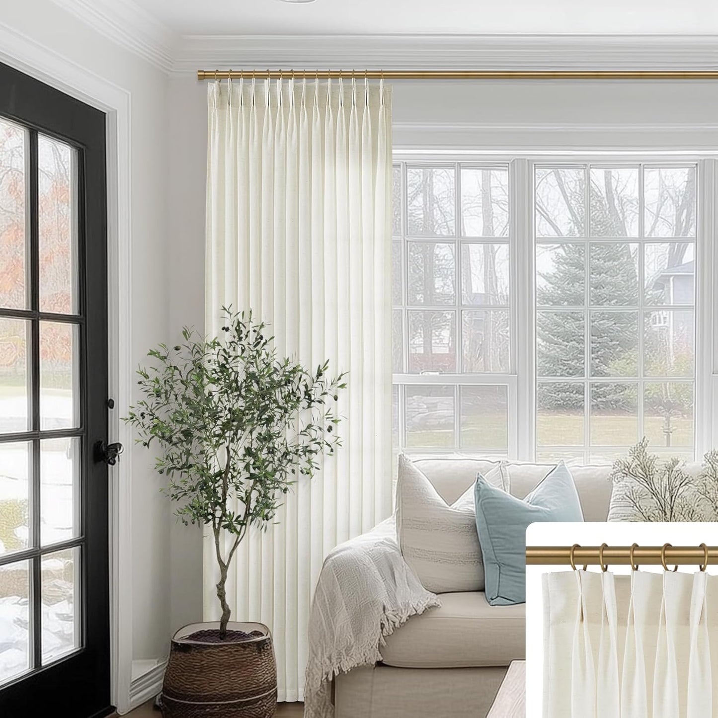 SHINELAND Linen Curtains 105 Inch Pinch Pleated Light Filtering
