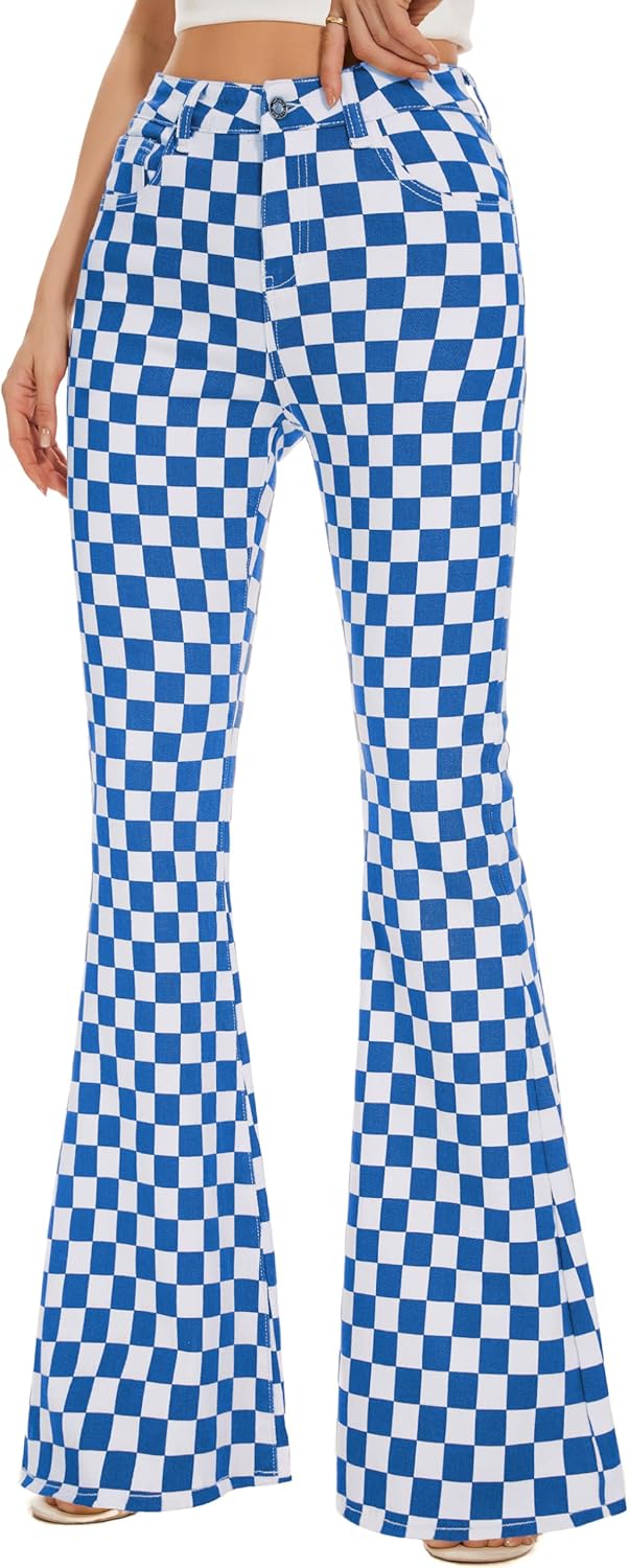 Plaid Bell Bottom Jeans for Women High Waisted Bootcut Style