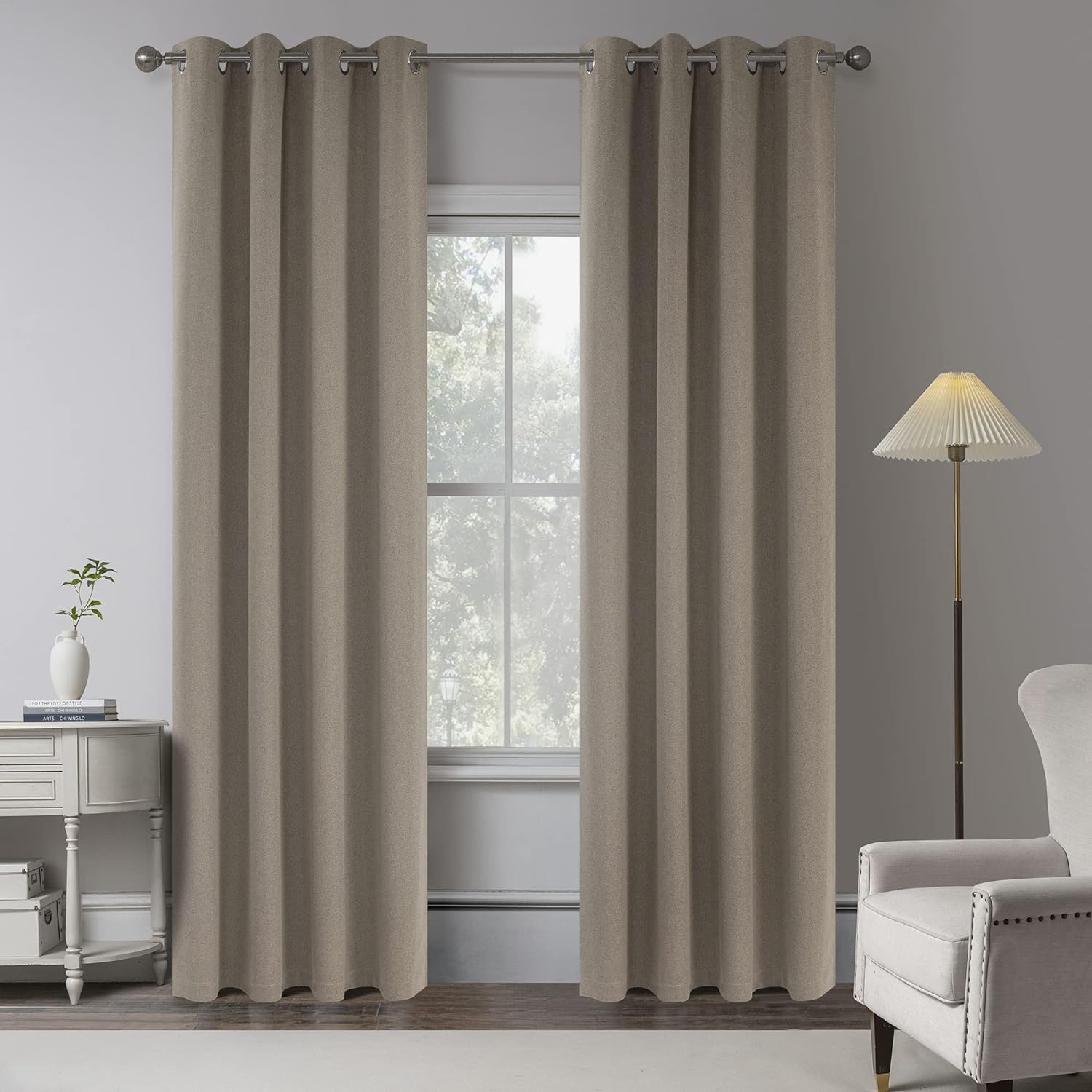 Taupe 100% Blackout Linen Curtains for High Ceilings 102 in
