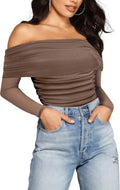 Off The Shoulder Long Sleeve Bodysuit - Slimming Mesh Ruched Style