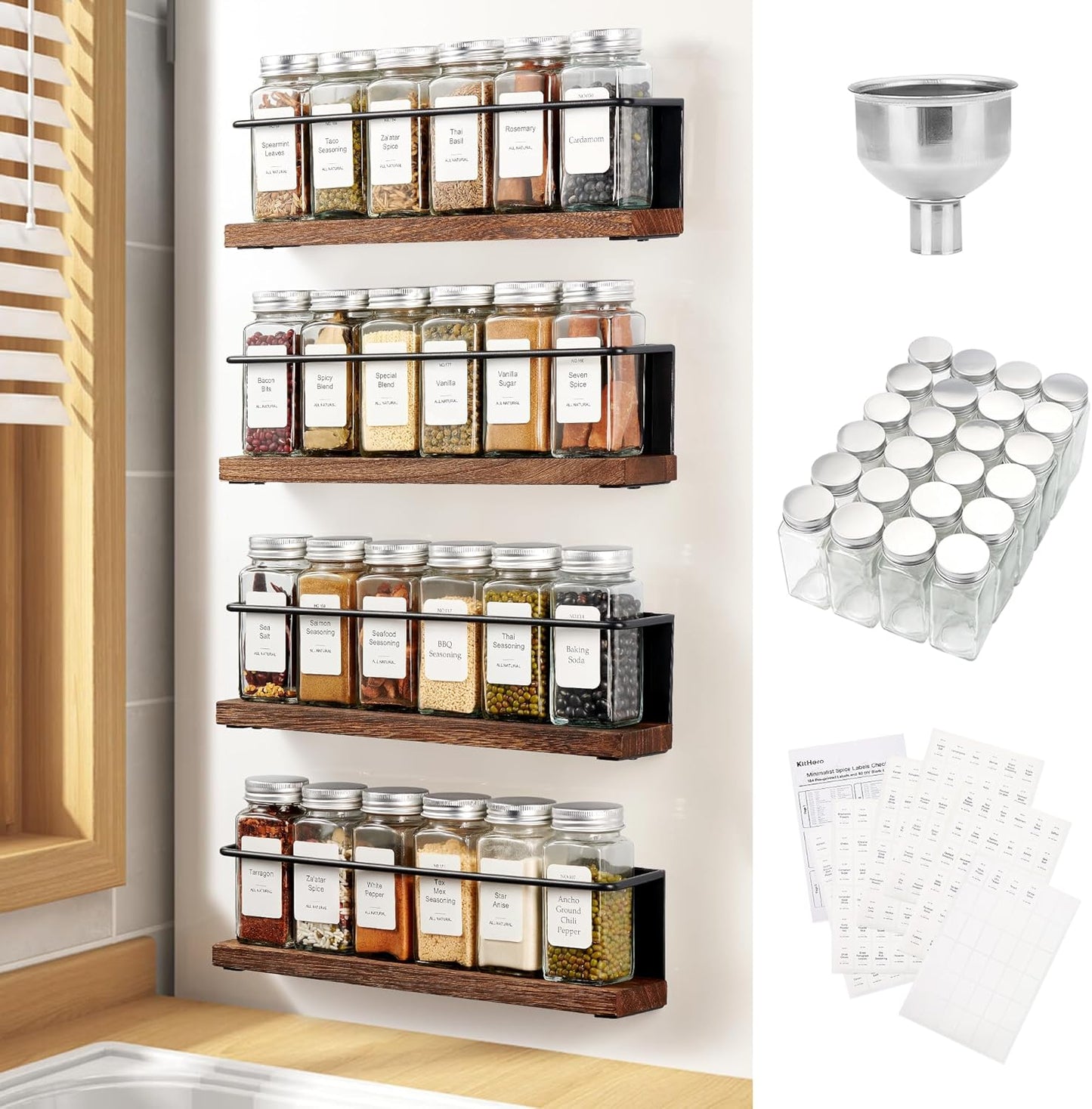 Magnetic Spice Rack with 24 Jars and 216 Labels for Organizing