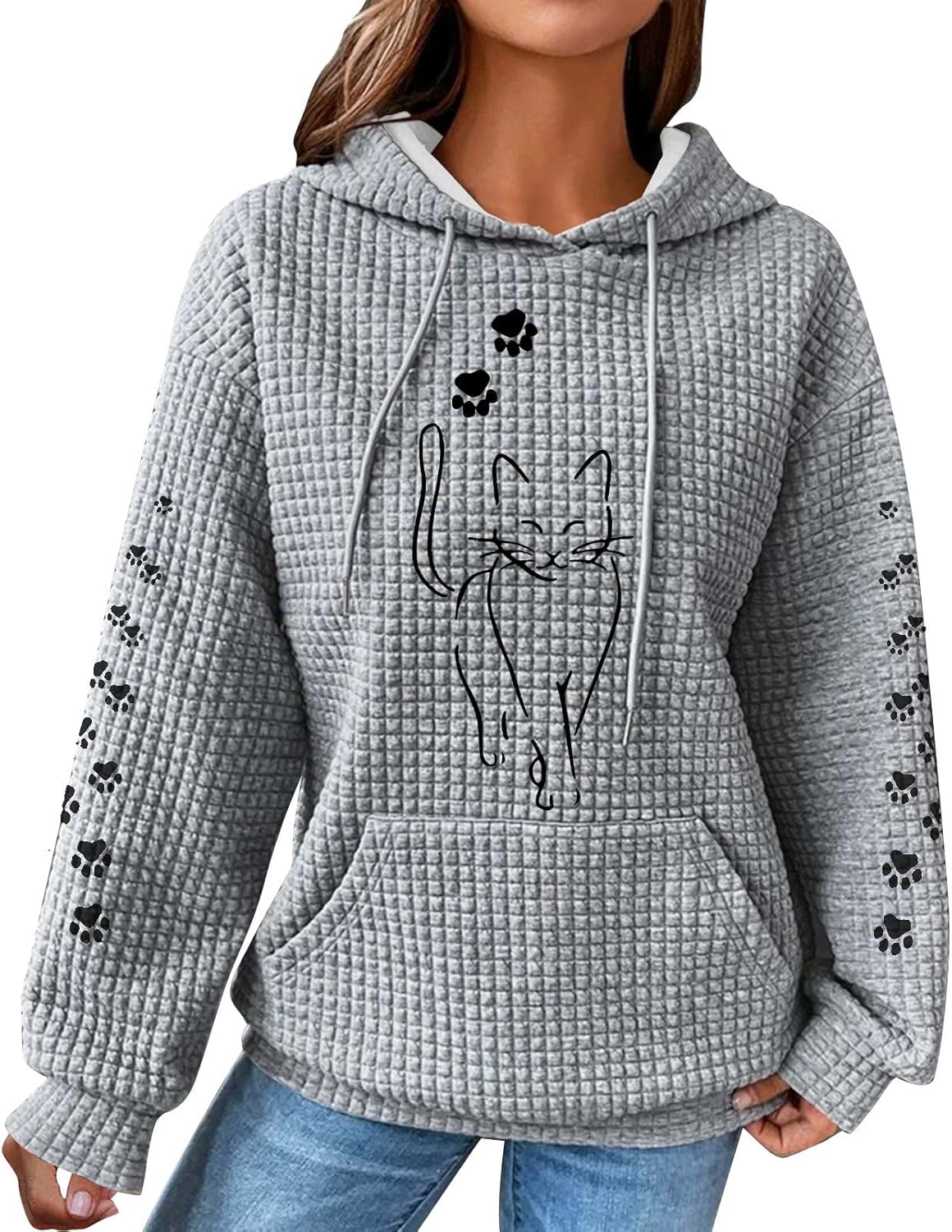 Cute Cat Graphic Waffle Knit Hoodie - Trendy Oversized Style