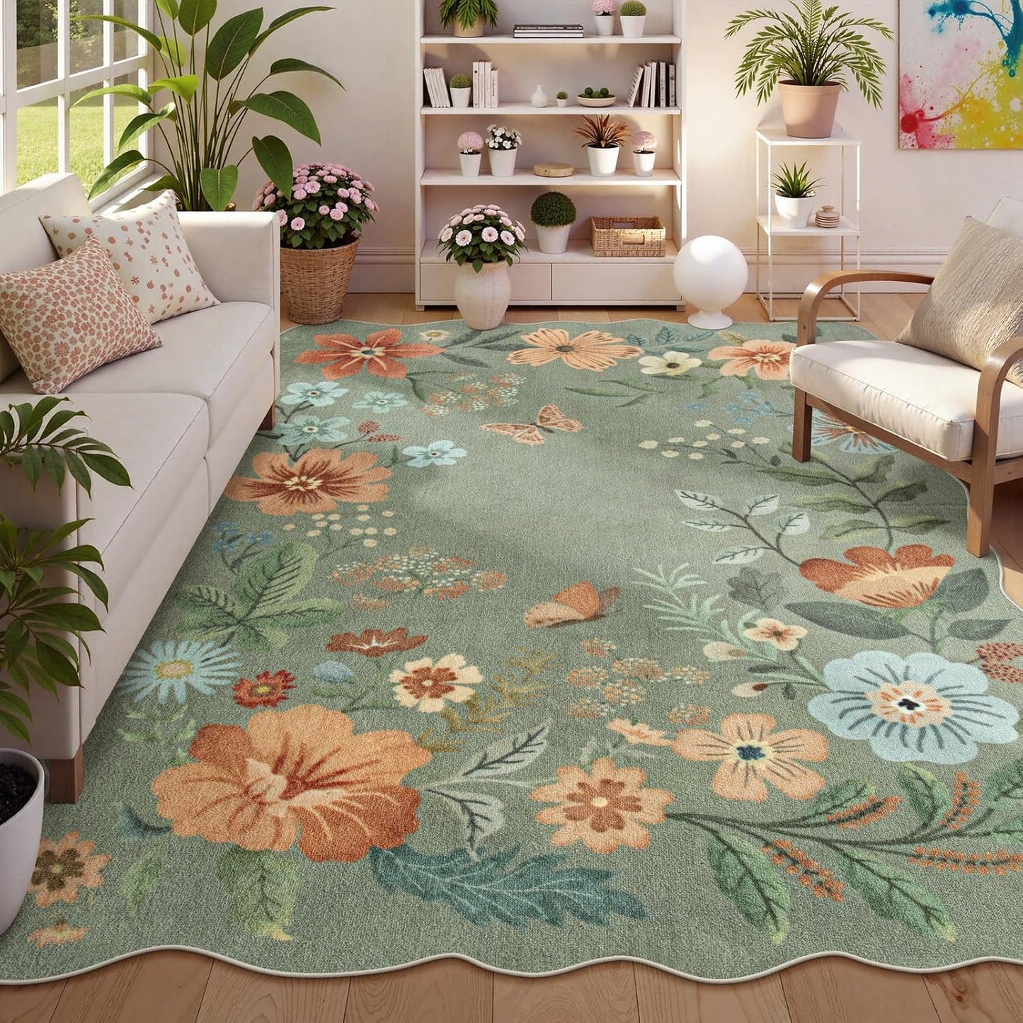 Lahome Floral Washable Rugs 8x10 - Soft Green Non-Slip Carpet