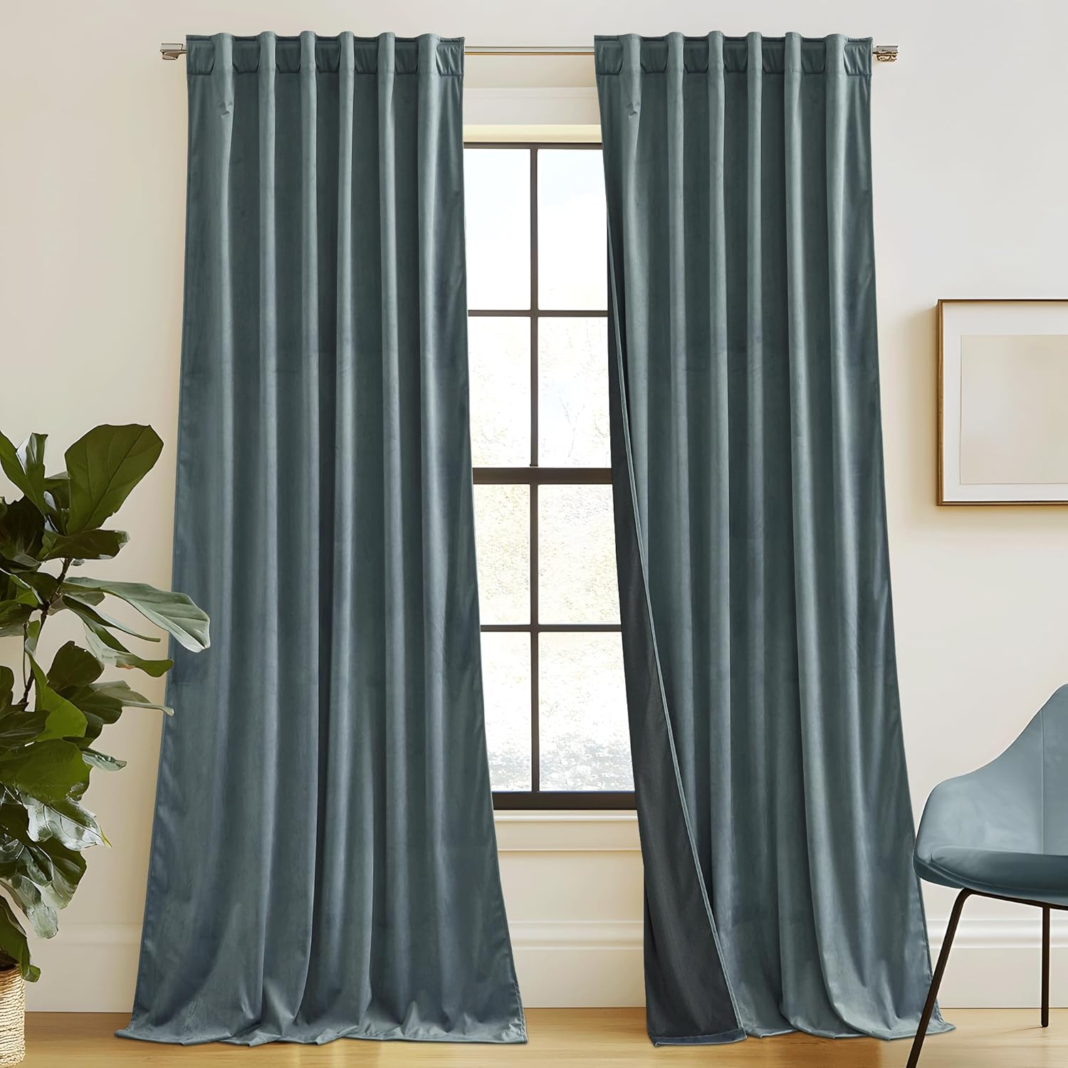 RYB HOME Dusty Blue Velvet Drapes for Modern Baby Boy Rooms