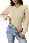 Long Puff Sleeve Sweater Bodysuit - Slim Fit Ribbed Crewneck