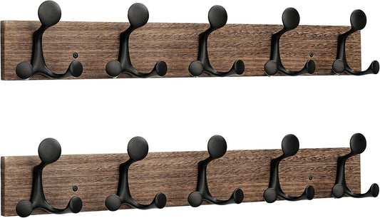 24-Inch Wood Burnt Coat Rack with 5 Triple Hooks for Storage