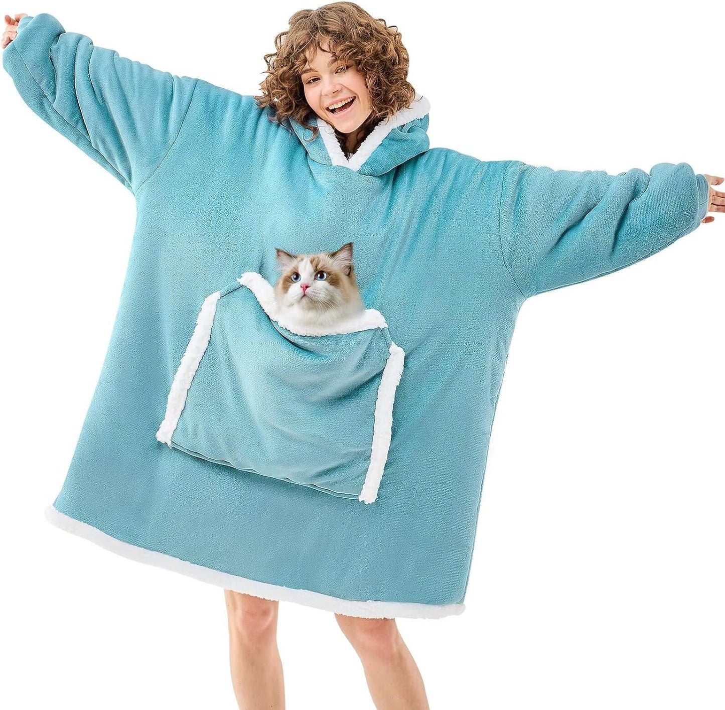 JOYWOO Turquoise Teal Wearable Blanket Hoodie for Cat Lovers