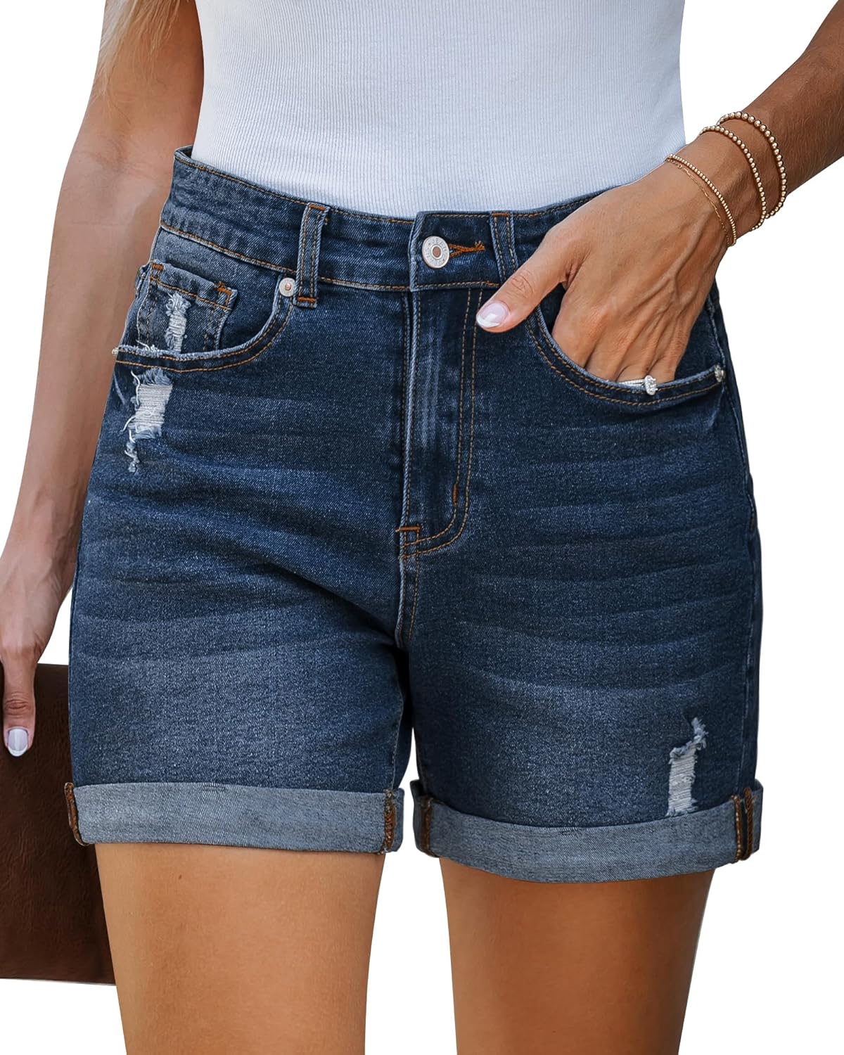 Stretchy High Waisted Ripped Denim Shorts for Women