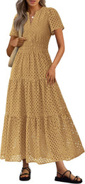 Womens Summer Eyelet Maxi Dress V Neck - Flowy A Line