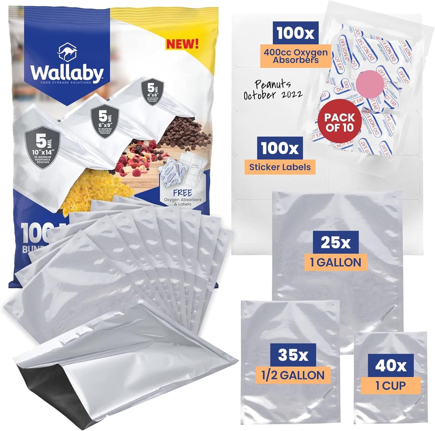 Wallaby Mylar Bags with Oxygen Absorbers for Food Storage
