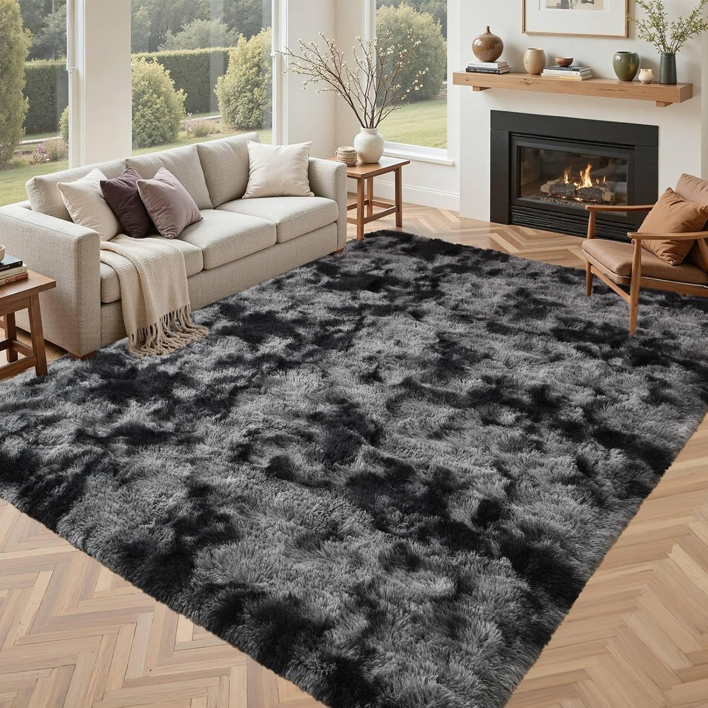 5x8 Black Grey Rugs for Living Room Fluffy Area Rug Decor