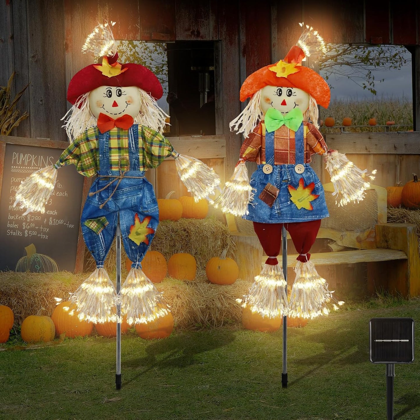 2 Pcs Fall Scarecrow Decor with Solar Powered Firework Lights