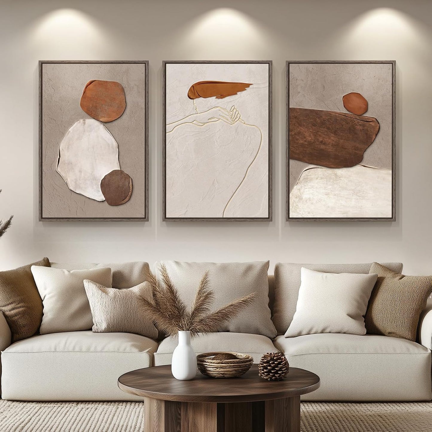 Large Framed Neutral Abstract Wall Art Set for Living Room