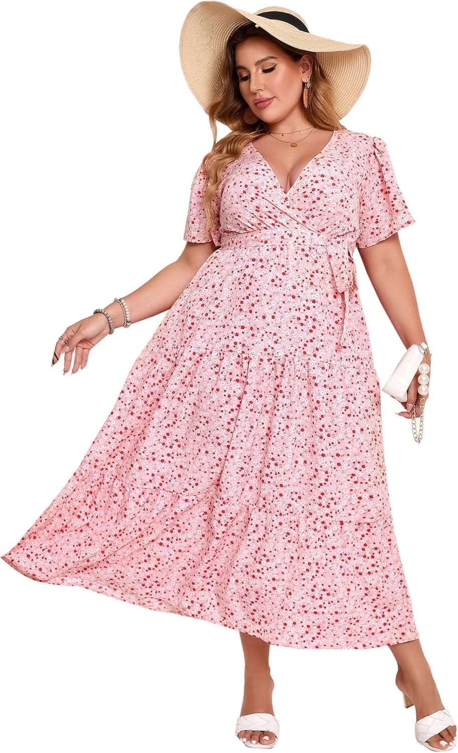 Plus Size V Neck Wrap Maxi Dress for Women with Ruffles