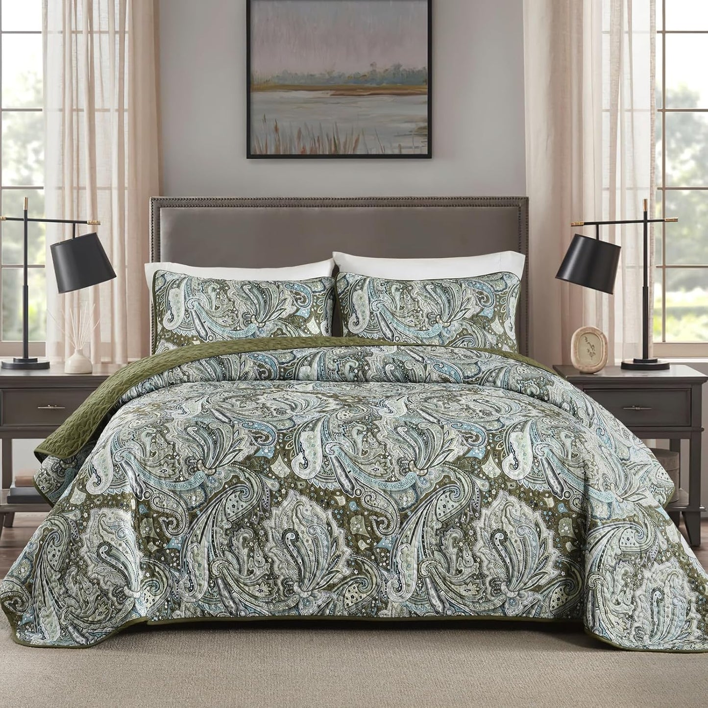 Green Paisley Quilt Set Queen Size Soft Lightweight Bedspread