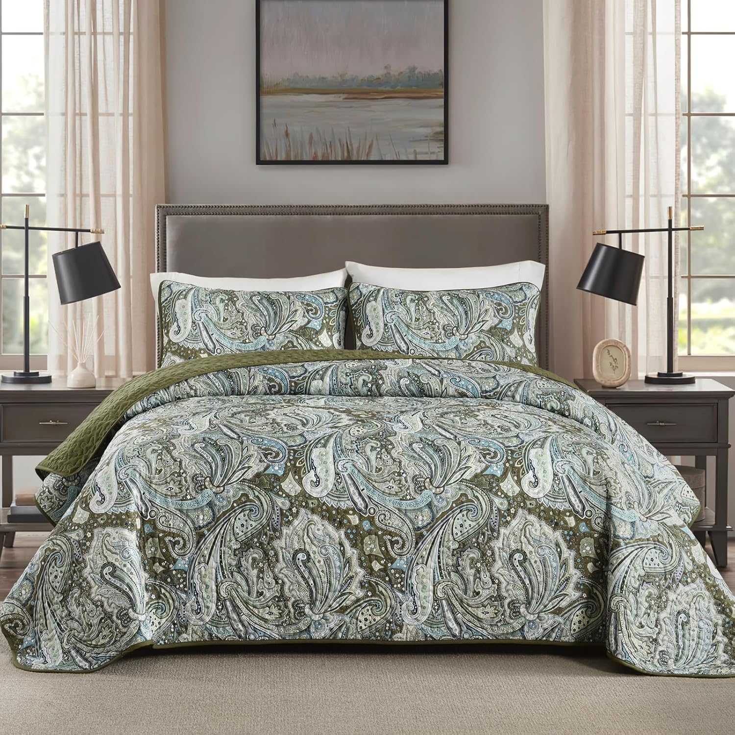Green Paisley Quilt Set Queen Size Soft Lightweight Bedspread