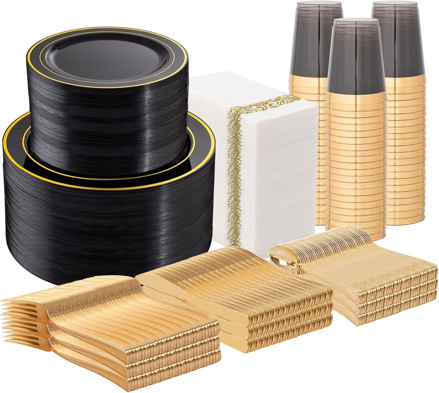 Supernal 800PCS Black and Gold Disposable Dinnerware Set