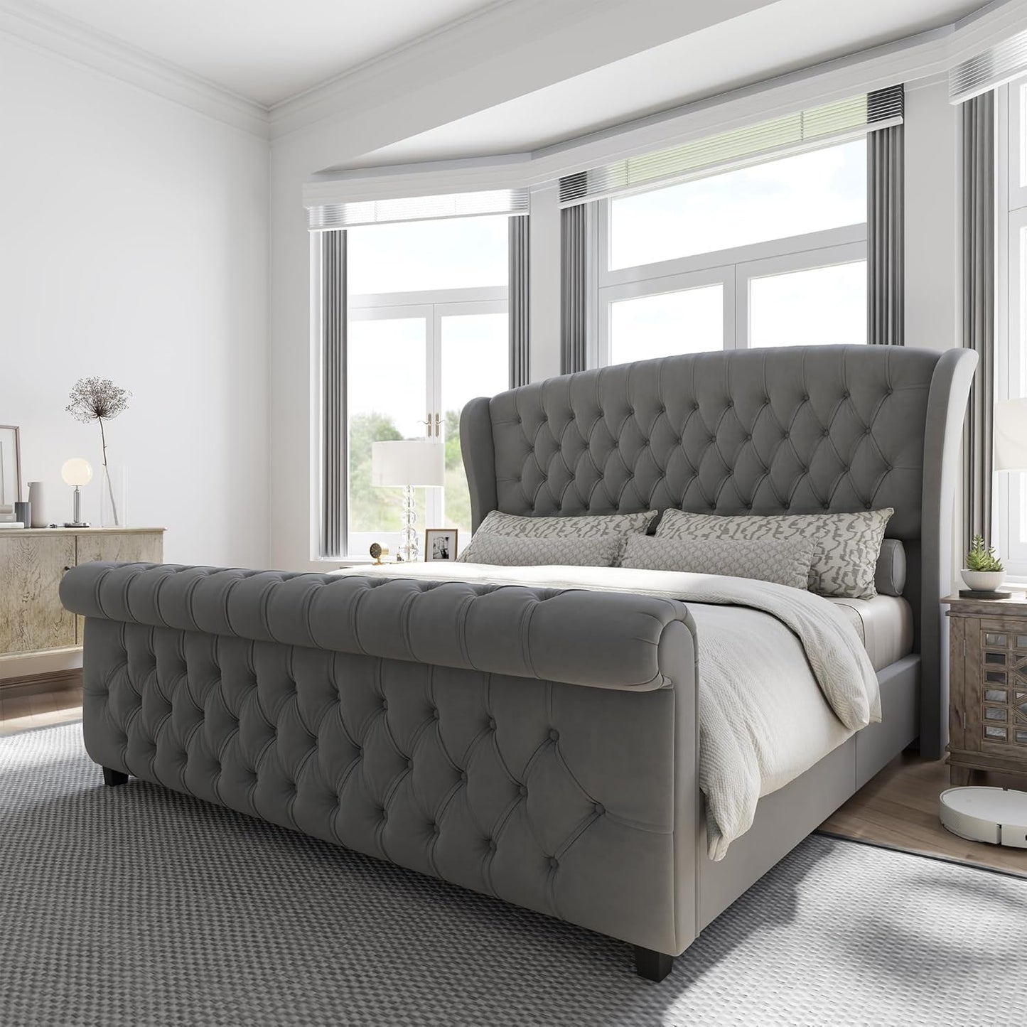 King Size Platform Bed Frame with Velvet Upholstery and Tufting