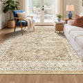 Boho Vintage Area Rug 5x7 Cream Tan - Machine Washable Low Pile