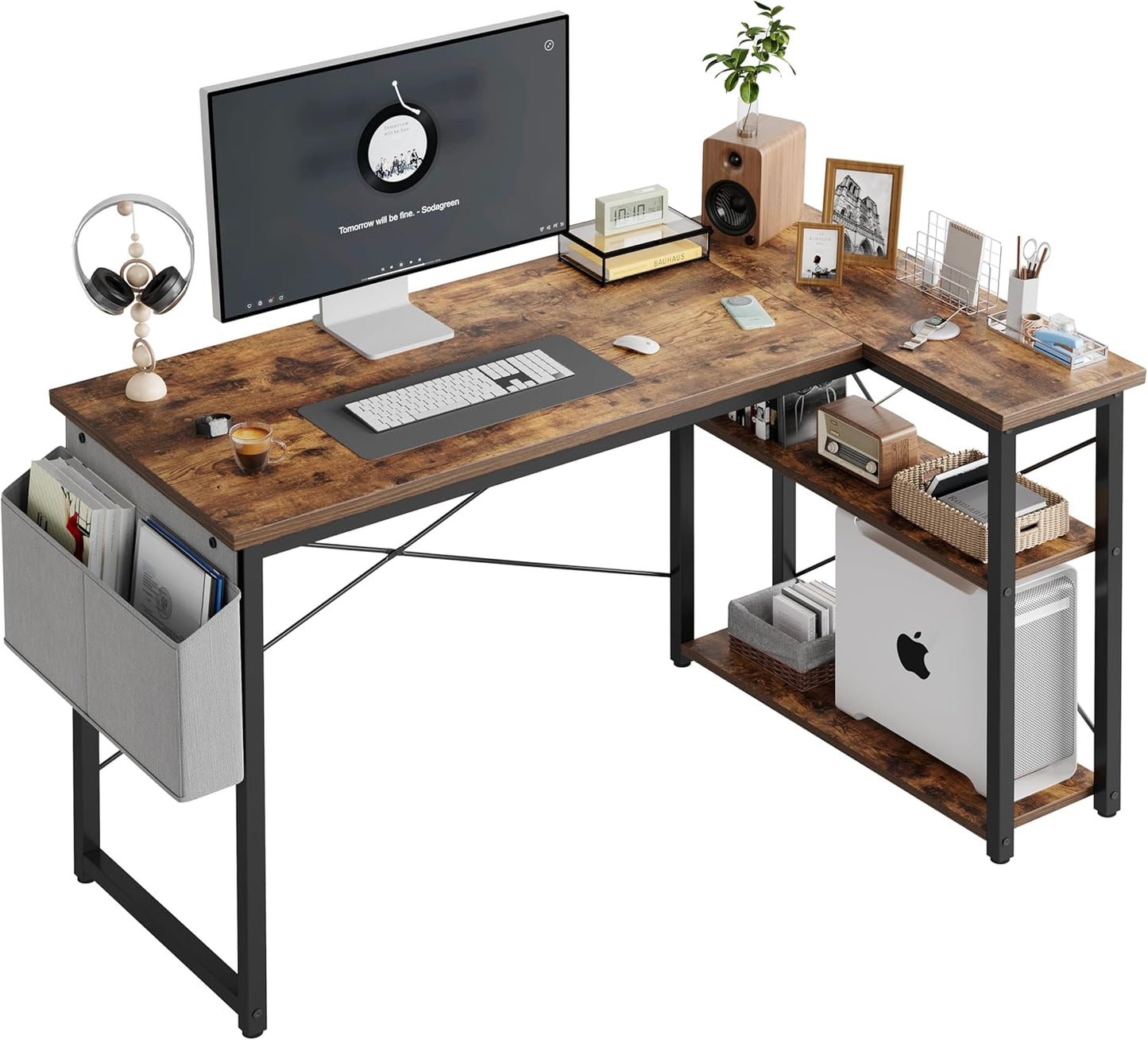 Small Corner Desk with Reversible Shelves - Space-Saving Rustic Brown
