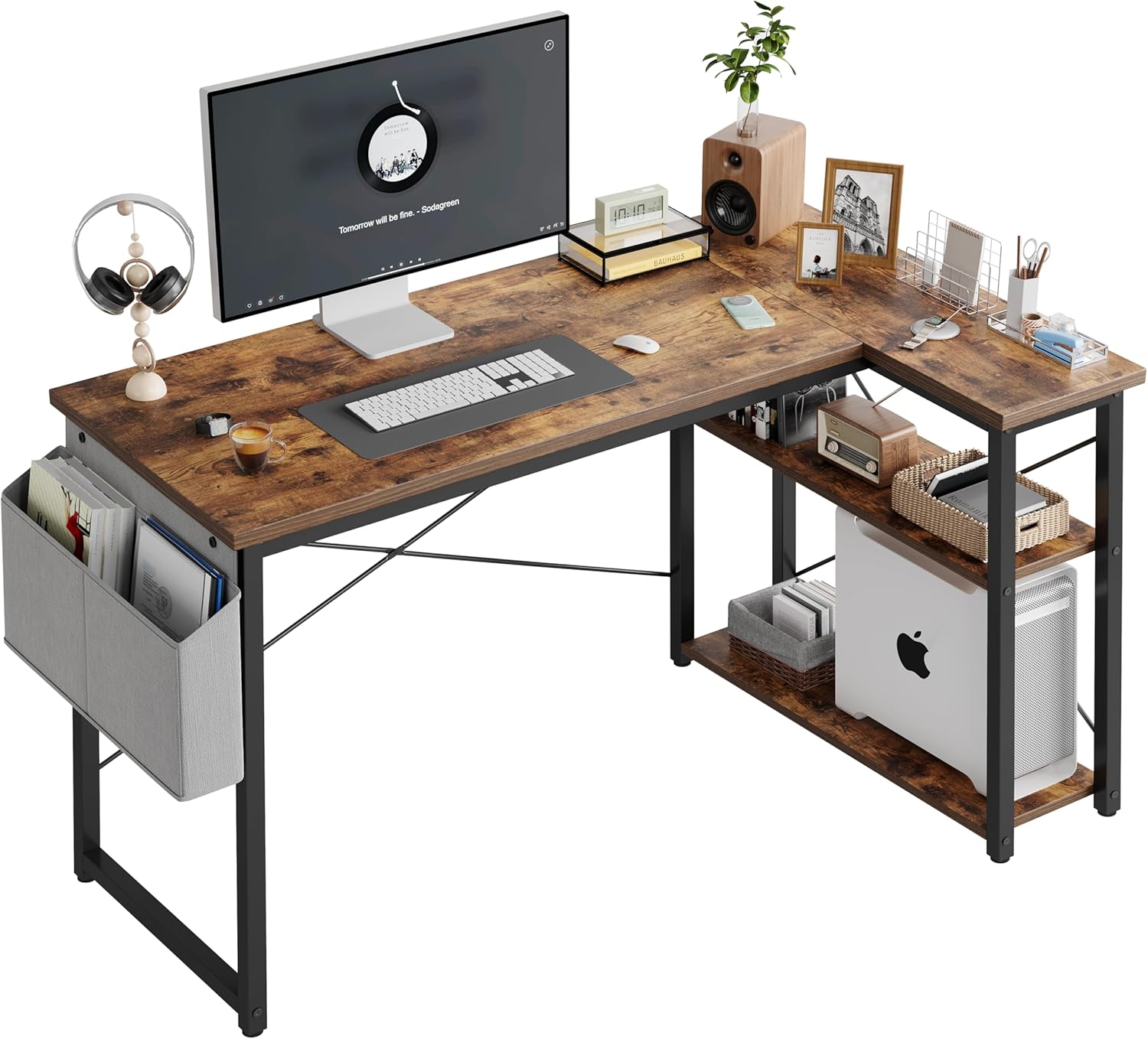 Small Corner Desk with Reversible Shelves - Space-Saving Rustic Brown