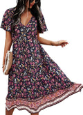 TEMOFON Women Dress Summer Sleeveless Bohemian Floral V Neck Button
