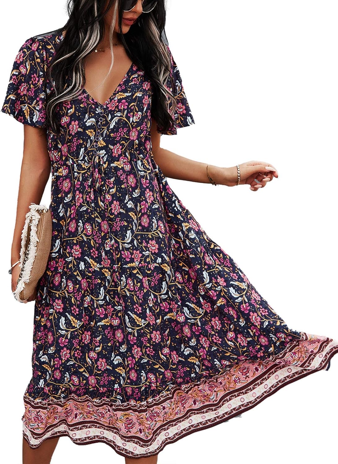 Bohemian Summer Dress for Women: Floral V Neck Flowy Style