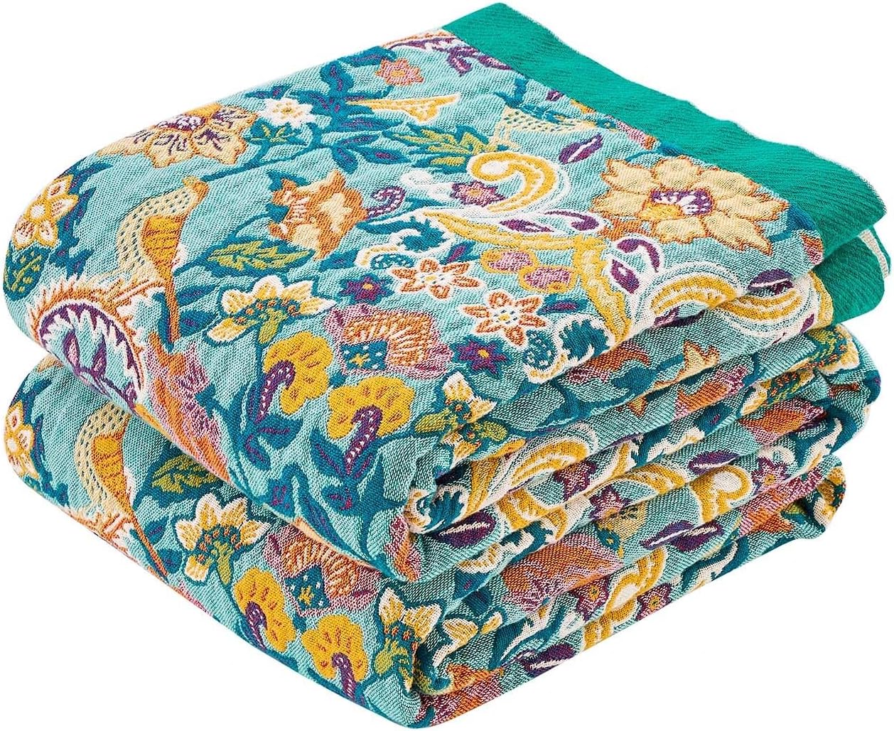 Boho Blanket Throw Quilt - 100% Cotton Soft Lightweight Comfort