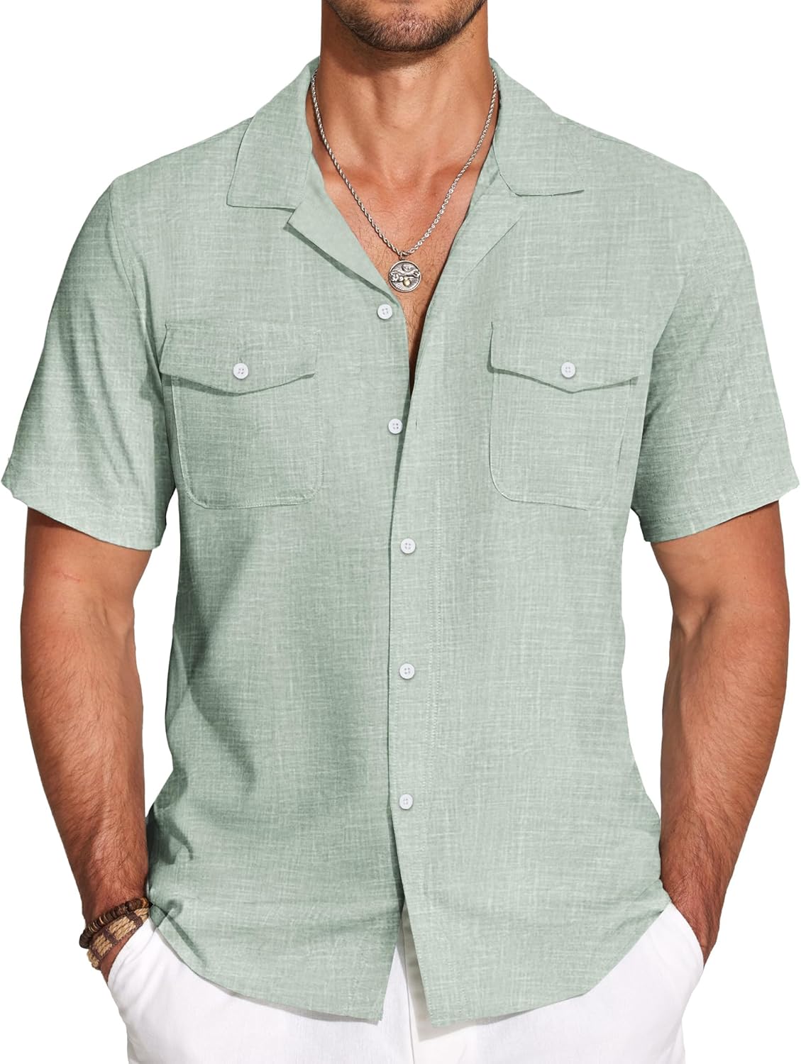 COOFANDY Men's Linen Short Sleeve Button Down Beach Shirt