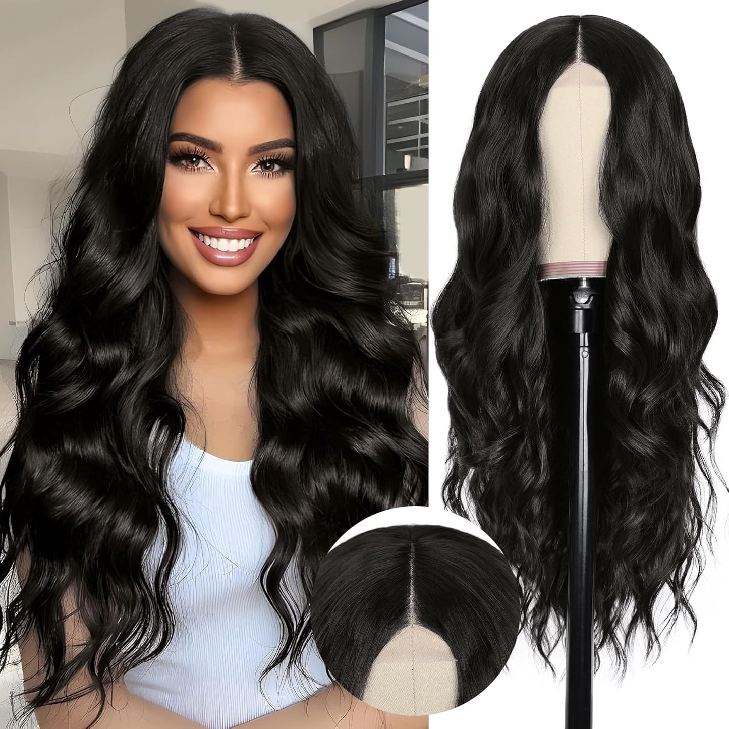 NAYOO Long Black Wavy Wig for Women - 26 Inch Style