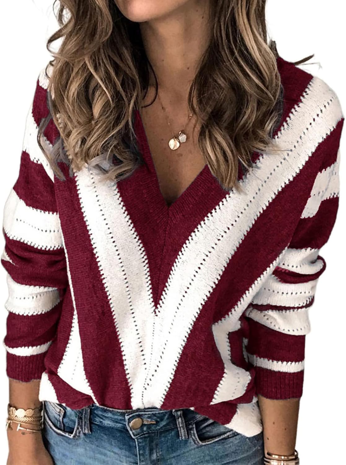 PRETTYGARDEN Long Sleeve Striped Knitted V Neck Pullover Sweater