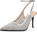 Silver Slingback Heels Women's Ankle Strap Pointed Toe Stilettos 3.5in