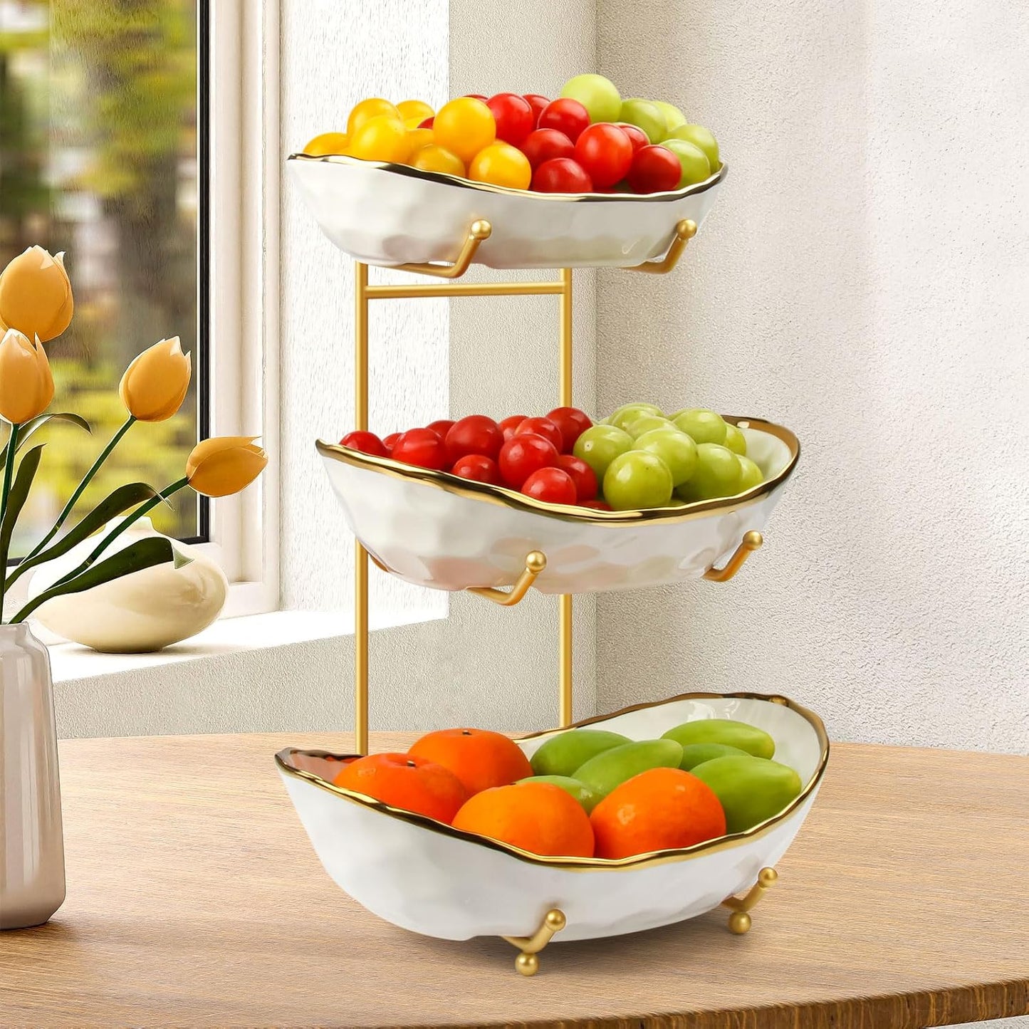 3 Tier Ceramic Fruit Bowl for Kitchen Counter - Modern Decor