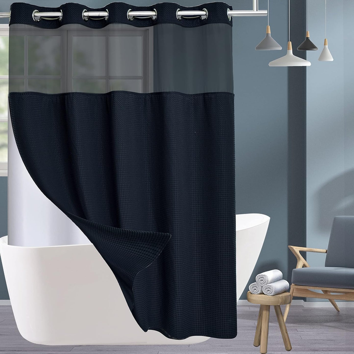 Extra Long Waffle Weave Shower Curtain with Snap in Liner Set
