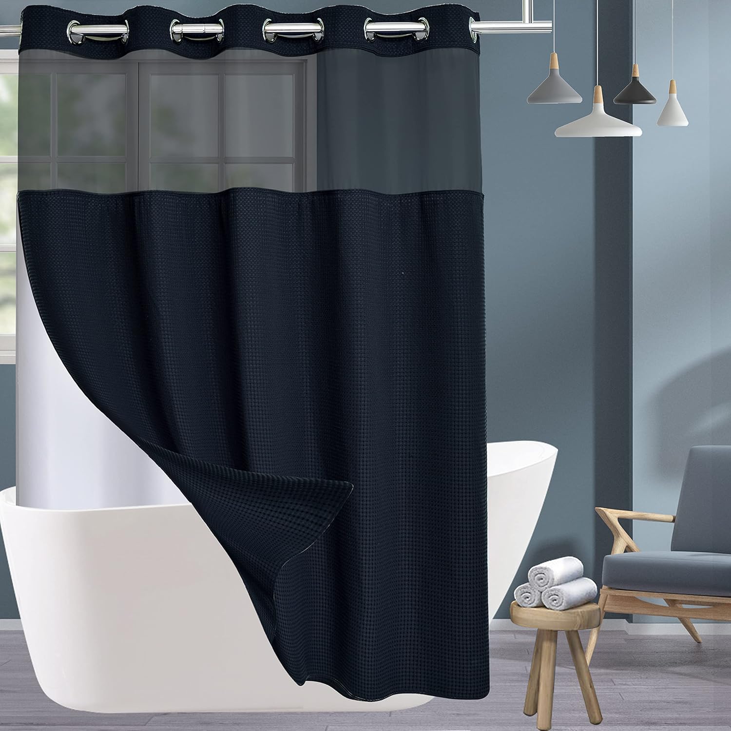 Extra Long Waffle Weave Shower Curtain with Snap in Liner Set