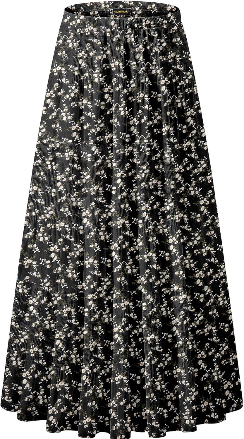Chiffon Elastic High Waist Pleated A-Line Maxi Skirt for Women