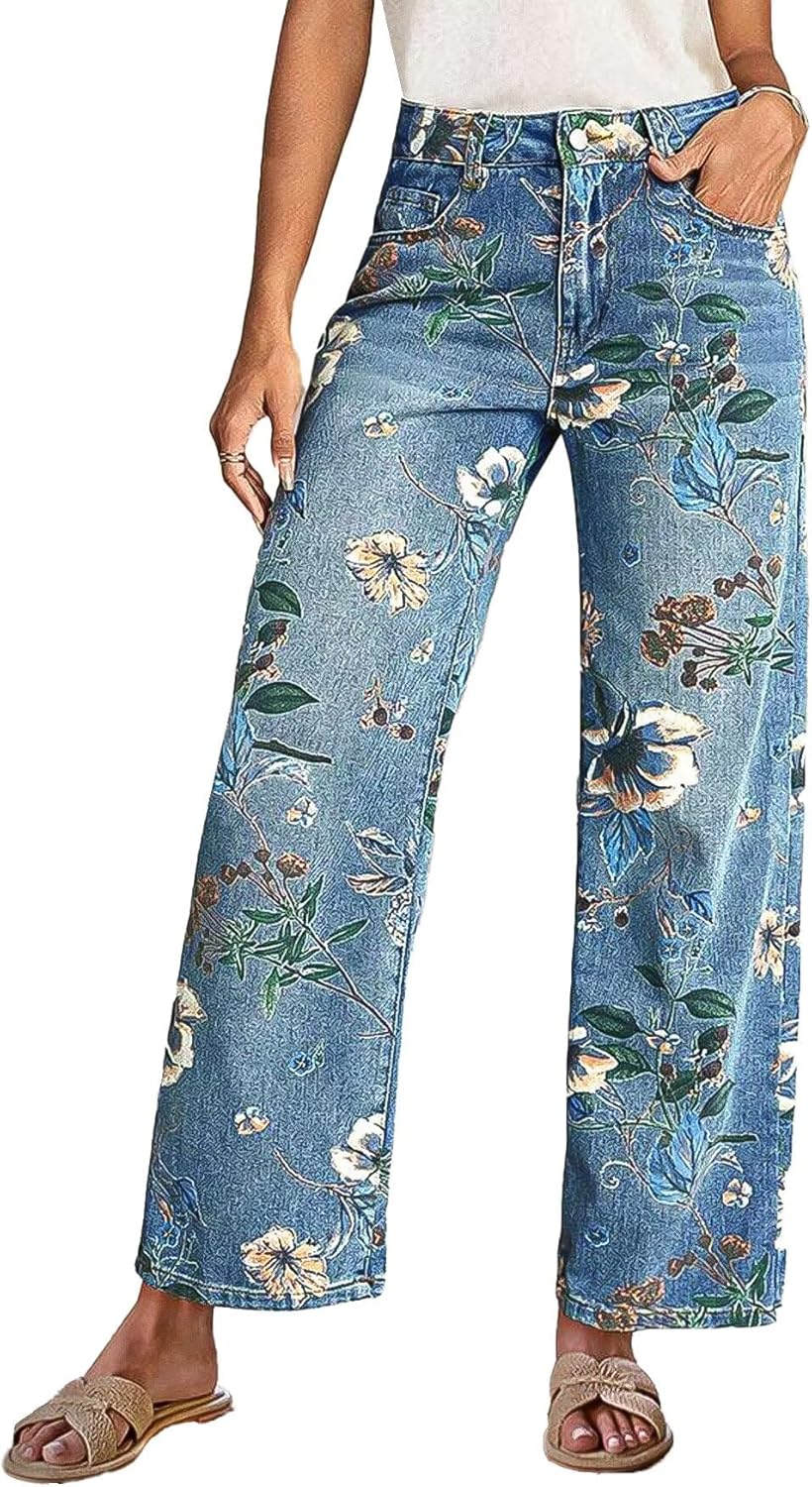 Flamingals High-Rise Vintage Floral Straight Leg Pants for Women