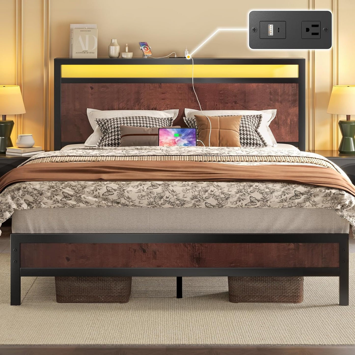 Queen Bed Frame with Headboard, Charging Station & LED Light